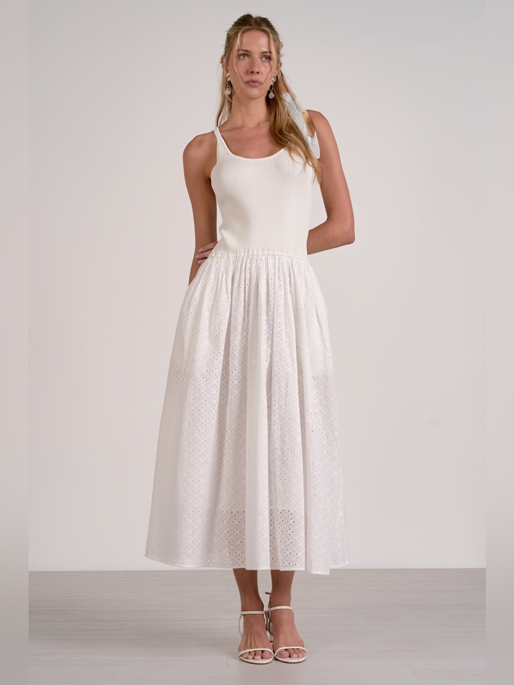 White Eyelet Midi Dress | Sleeveless Cotton Summer Dress with Pockets - Picture 2 of 7